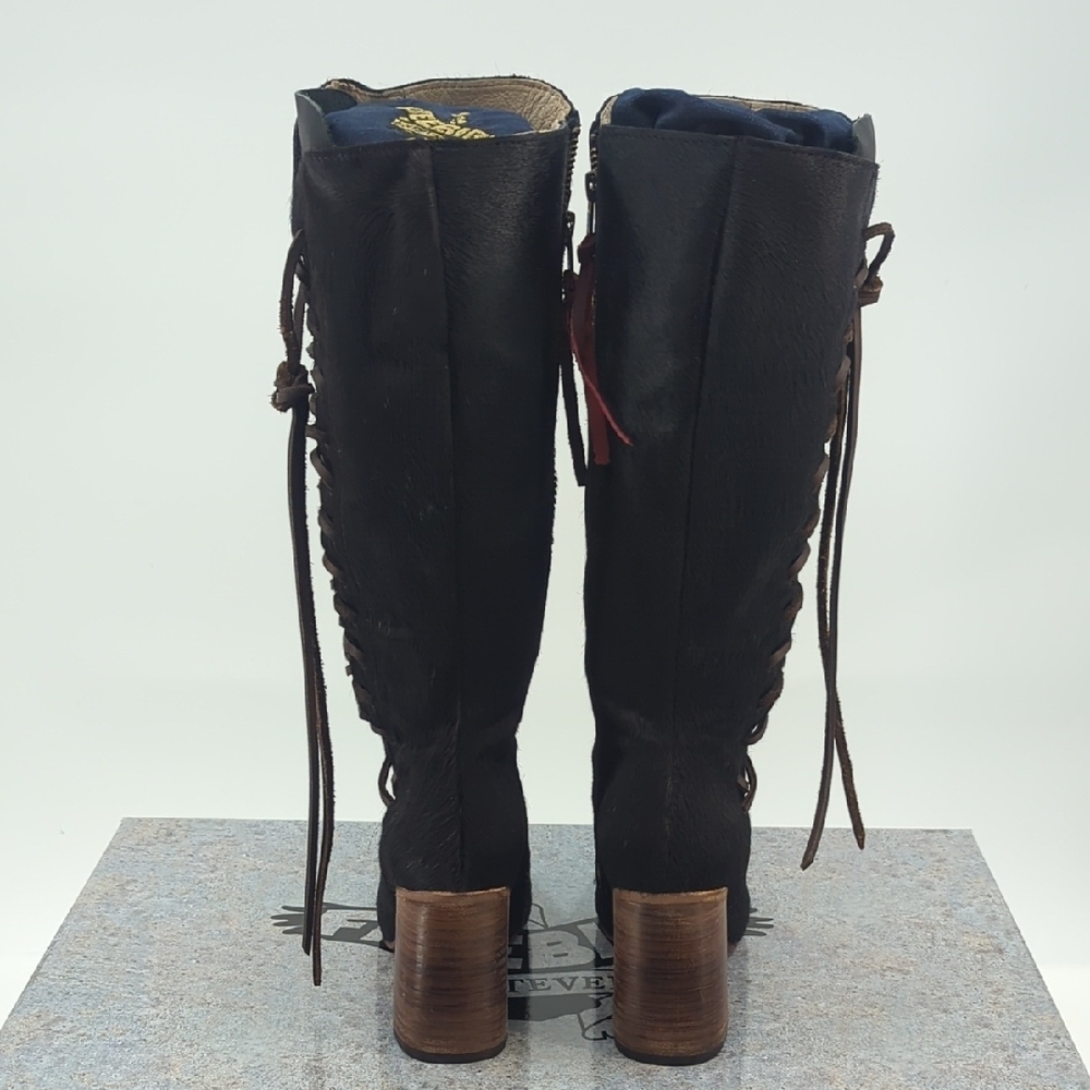 FREEBIRD *NIB* Joaquin Boots in Black Calf Hair Lacing Detail Flared Heel Sz 7 - Picture 9 of 11